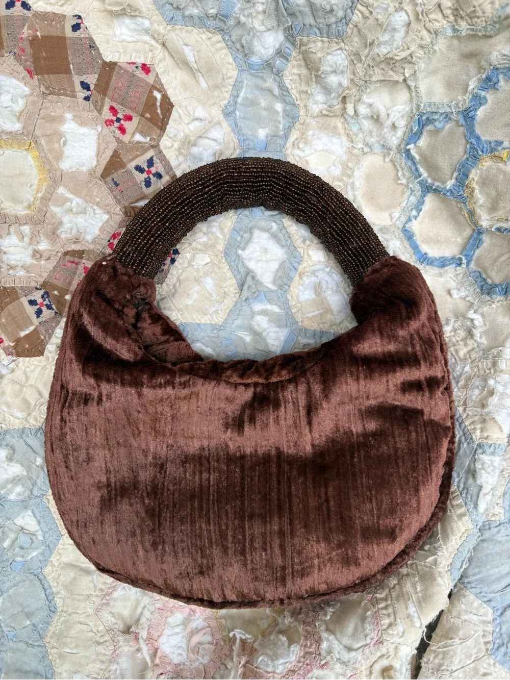 Vintage Crushed Brown Velvet Clutch with Beaded Handle